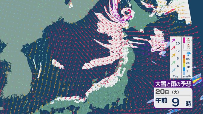 【大雪情報】20日(火)以降“冬型気圧配置”と“強烈寒波”が続く見込み 日本海側では大雪が週末にかけて続くおそれ 24時間予想降雪量は北陸で70センチのところも 雪と風シミュレーション|TBS NEWS DIG