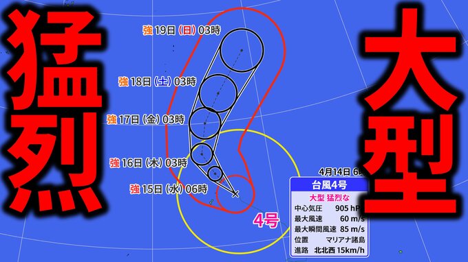 【台風情報】大型で猛烈な台風4号　最大瞬間風速85m　中心気圧905hPa  今後の進路・日本列島への影響は？【最新の台風進路予想・雨と風のシミュレーション】|TBS NEWS DIG
