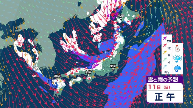 【大雪情報】強い冬型の気圧配置へ→12日にかけ全国的に大荒れ　降雪予想は東北、北陸、東海 80cm　近畿60cm　北海道、関東甲信、中国：50cm　車の運転は冬用タイヤ必須　立ち往生に備えを【気象庁雪風シミュレーション/11日】|TBS NEWS DIG