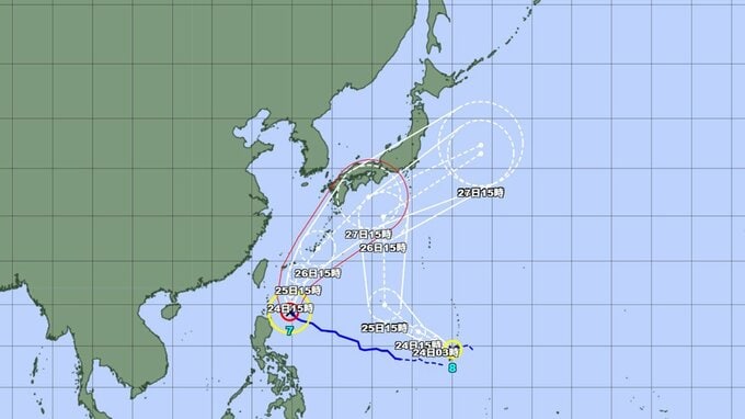 【ダブル台風情報】日本列島の広範囲が予報円内に... 非常に強い台風7号(メーカラー) 　週末日本列島横断の可能性　沖縄への影響はどうなる？ 最大瞬間風速70メートル　台風8号の勢力と進路も詳しく　今後の全国の天気を画像で　気象庁　|　山形のニュース│TUYテレビユー山形