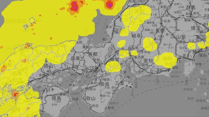 【気象情報】近畿地方は11日夜のはじめ頃にかけて大気の状態が非常に不安定となり局地的に雷雲が発達　急な強い雨に注意を【雨と風のシミュレーション】　|　富山のニュース｜天気・防災｜チューリップテレビ