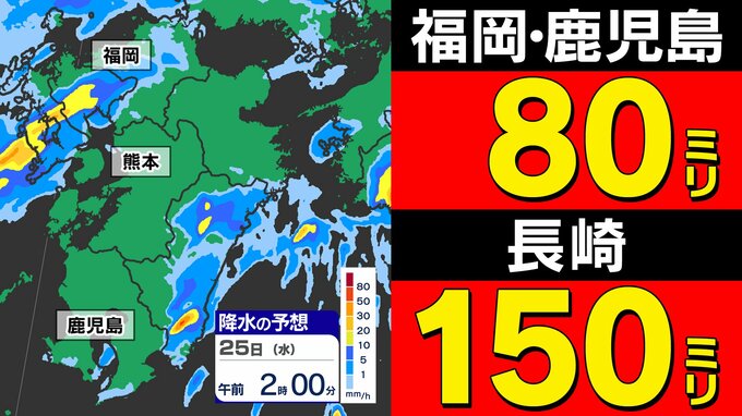 【梅雨前線 通過】福岡80ミリ 長崎150ミリ 鹿児島80ミリ 雷を伴った激しい雨【雨と発雷確率のシミュレーション24日（火）～25日（水）】福岡・佐賀・長崎・大分・熊本・宮崎・鹿児島|TBS NEWS DIG