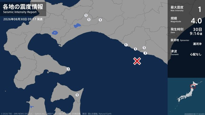 北海道、青森県で最大震度1の地震　北海道・恵庭市、北広島市、函館市、安平町、新ひだか町、浦河町|TBS NEWS DIG
