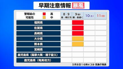 暴風と大雨に関する気象情報】福岡100ミリ 鹿児島200ミリ 警報級