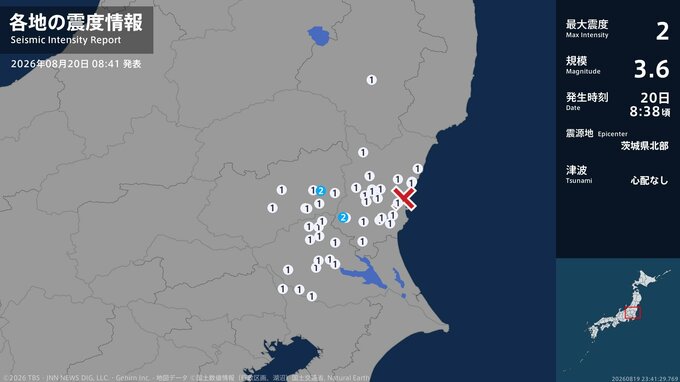 茨城県、栃木県で最大震度2の地震　茨城県・笠間市、栃木県・市貝町|TBS NEWS DIG