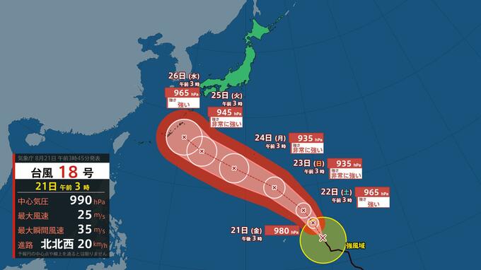 【台風18号(ソウデル)】最大瞬間風速65m/s・935hPaへ猛発達、「非常に強い」勢力で接近 25日〜26日頃に沖縄直撃か　最新シミュレーション【21日午前6時現在】|TBS NEWS DIG