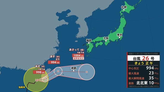 【台風情報】台風26号がバシー海峡から北北東へ⇒14日午前に温帯低気圧に変わる見込み…沖縄地方は大雨、北海道は大気不安定…13日夜寒気強まり道北などで雪に《気象庁の最新雨・風シミュレーション》|TBS NEWS DIG
