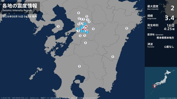 熊本県で最大震度2の地震　熊本県・熊本南区、宇土市、宇城市、熊本美里町、嘉島町、益城町|TBS NEWS DIG