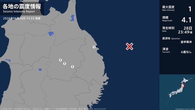 岩手県で最大震度1の地震　岩手県・久慈市、盛岡市、八幡平市|TBS NEWS DIG