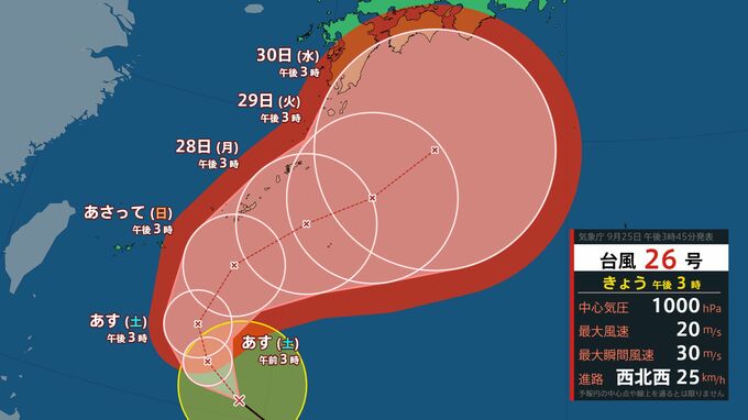 【台風情報】最大瞬間風速60m/s予想　台風26号(スリゲ)は沖縄の南に長く滞在か　今後の進路予想、雨風シミュレーション、全国の天気を画像で見る　|　山形のニュース│TUYテレビユー山形