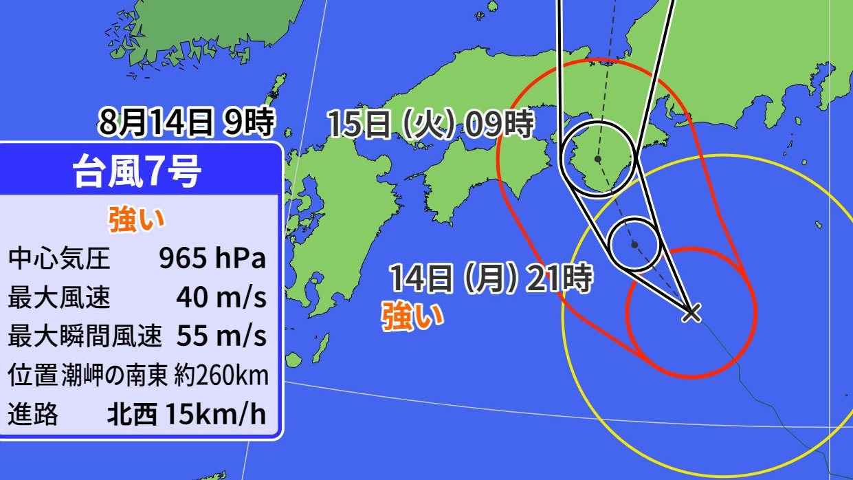 【台風情報】 台風7号　15日朝に紀伊半島に上陸か　東海地方などで線状降水帯発生の恐れ　トラックが横転しかねない猛烈な風も　最新進路予報　【気象予報士解説】　
