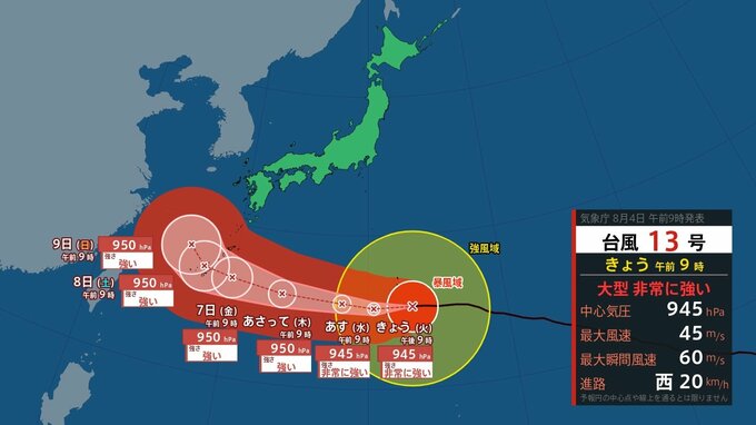 【 台風情報 】台風13号(ドルフィン)は小笠原諸島に接近し西へ　沖縄・奄美には6日頃から接近か　その後は北上の可能性も【今後の進路予想と雨風シミュレーション・4日午前9時45分 気象庁発表】|TBS NEWS DIG