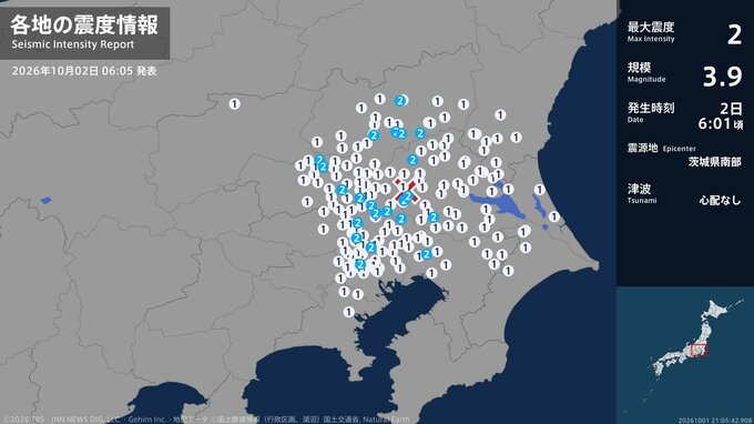 茨城県、栃木県、群馬県、埼玉県、千葉県、東京都で最大震度2の地震　茨城県・筑西市、坂東市、つくばみらい市|TBS NEWS DIG