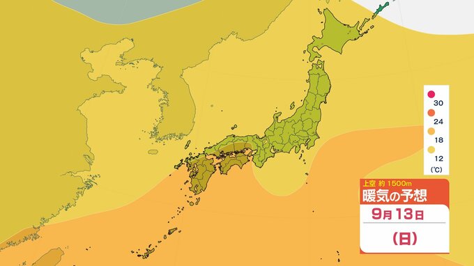 【気象情報】9月13日ごろ～この時期「10年に1度程度しか起きないような著しい高温」の可能性　九州から東海にかけて平均気温(5日間)が平年より2.6度～1.7度以上高い予想　早期天候情報（9月7日気象庁発表）|TBS NEWS DIG