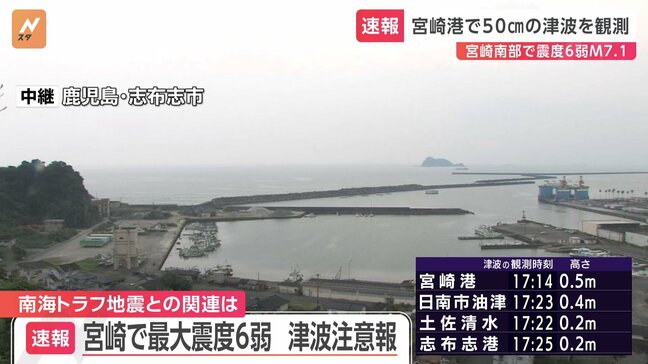 【速報】宮崎県・鹿児島県・高知県で津波観測 宮崎県・日南市40センチ 鹿児島県・志布志港で20センチ 高知県・室戸市で10センチなど(午後5時46分現在)|TBS NEWS DIG