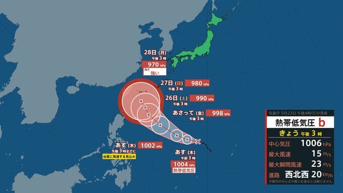 【熱低・台風情報】フィリピンの東の熱帯低気圧が24日までに台風になる予想　28日には暴風域伴い強い勢力で沖縄の南へ（23日午後3時現在）【雨風シミュレーション（23～28日）】　|TBS NEWS DIG