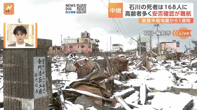【中継】石川県の死者168人に 被災地に雪「朝市通り」の今 能登半島地震から1週間|TBS NEWS DIG