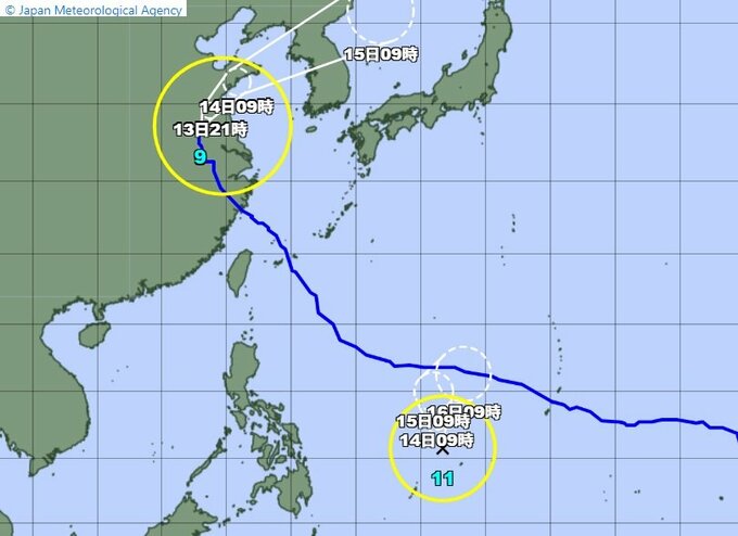 【台風情報】「台風11号(ハイシェン)」発生　今後の動きは？　台風9号(バービー)は15日に日本海へ…温帯低気圧に変わる見込み　今夜(13日夜)までに新たな“熱帯低気圧”も発生か…進路予想・今後の雨風シミュレーション【気象庁13日発表】|TBS NEWS DIG