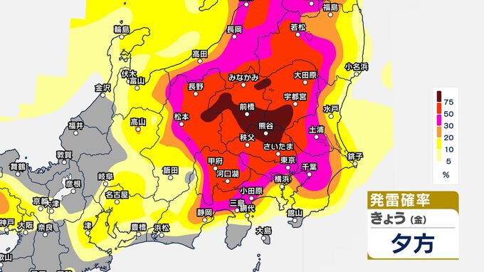 【気象情報】関東甲信　あす13日（土）にかけ　大気の状態が非常に不安定に　所々で雨雲が発達　警報級の大雨となっている所　茨城・栃木・群馬100ミリ　東京・神奈川・千葉・埼玉・山梨・長野80ミリ（～13日午後6時・多い所）気象庁【1時間ごとの雨の予想・発雷確率】|TBS NEWS DIG