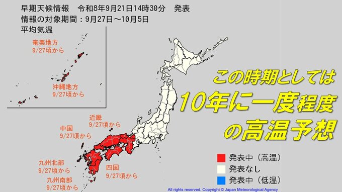 9月27日ごろ～「この時期としては10年に1度程度」の著しい高温のおそれ　近畿、中国、四国、九州、奄美、沖縄に早期天候情報発表　今後の気温はどうなる？　気象庁　|　山形のニュース│TUYテレビユー山形