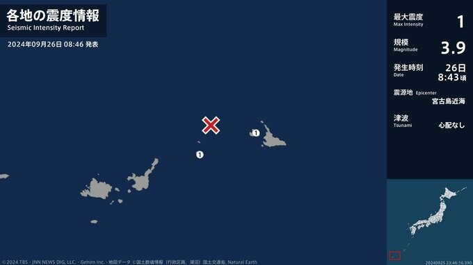 沖縄県で最大震度1の地震　沖縄県・宮古島市、多良間村|TBS NEWS DIG
