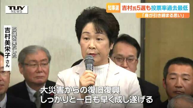 「一日も早く成し遂げる」山形県知事選挙　現職の吉村美栄子さんが5選果たす　新人候補に大差をつけるも投票率は過去最低|TBS NEWS DIG
