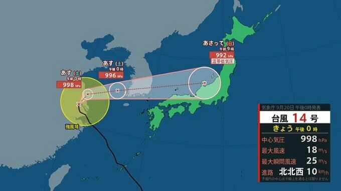 【台風情報】台風14号　まさかのUターン台風？　今後の進路と各地の天気（9月19日16時36分：気象庁発表）　|　福島のニュース│TUF