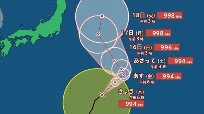 【台風情報】大型の「台風17号」（ナンカ―）最大瞬間風速25m/s・994 hPa　小笠原近海を北寄りの進路…予想には幅があり注意が必要　23日（日）までの雨・風シミュレーションで確認【気象庁13日午前6時45分発表】|TBS NEWS DIG