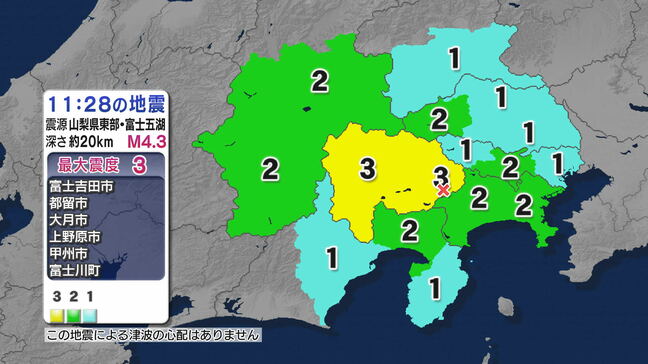 山梨県で最大震度3の地震　埼玉・東京・神奈川・長野・静岡で震度2を観測　津波の心配なし（9月1日午前11時28分頃の地震）|TBS NEWS DIG