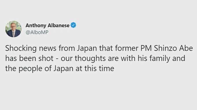 「この恐ろしいニュースに慄いている」「安倍氏のご家族と日本国民のお気持ちを拝察致します」オーストラリア首相らがコメント　安倍元総理銃撃受け|TBS NEWS DIG