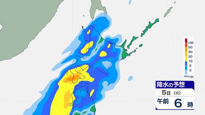 【大雨情報】多いところで1時間に40mmの雨量予想　低地の浸水や土砂災害などに注意を　5日未明から昼前にかけ　北海道地方【雨風シミュレーション】　|　富山のニュース｜天気・防災｜チューリップテレビ