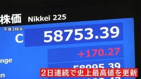 日経平均株価2日連続で最高値更新　一時5万9000円台　終値5万8753円　アメリカ半導体大手エヌビディアの決算が予想上回る　利益確定の動きも|TBS NEWS DIG