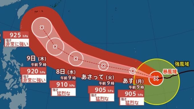 【台風情報】大型で猛烈な勢力「台風9号（バービー）」10日には沖縄の南に接近へ　最大瞬間風速80m/s予想　日本への影響、進路は？「台風10号（メイサーク）」はあすには熱帯低気圧になる予想　7月15日（水）までの雨・風シミュレーションで確認　今後の気象情報に注意【気象庁5日午後4時5分発表】|TBS NEWS DIG