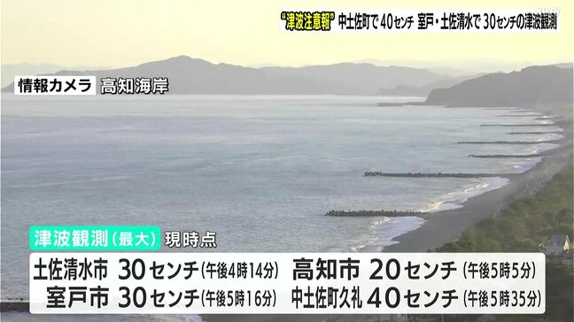 【津波・高知】最大も40cmの津波観測、午後5時を過ぎて3地点で最大波を更新…津波注意報は継続（30日午後6時30分時点）【カムチャツカ半島付近M8.8地震】|TBS NEWS DIG