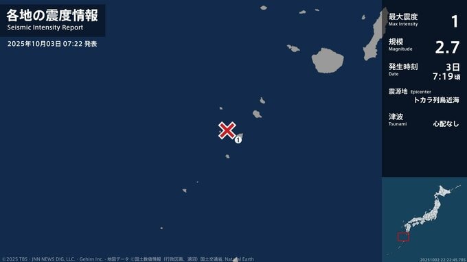 鹿児島県で最大震度1の地震　鹿児島県・鹿児島十島村|TBS NEWS DIG