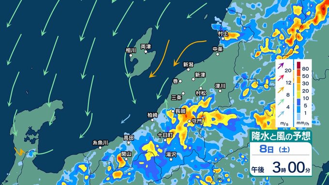 新潟県内は雷を伴い“滝のように降る”非常に激しい雨のおそれ　警報級の大雨となる可能性も【30分ごとの雨のシミュレーション・8日午後1時更新】|TBS NEWS DIG