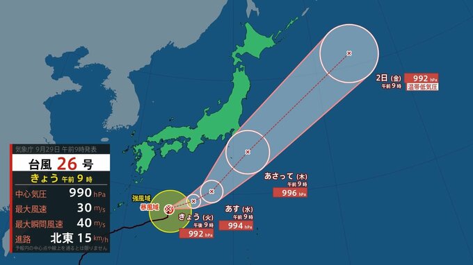 【台風情報】中心気圧990 hPa・最大瞬間風速 40 m/s「台風26号（スリゲ）」日本の南を北東へ進み、1日には伊豆諸島近海へ進む予想　2日には温帯低気圧へ変わる見込み【10月4日にかけての降水シミュレーション】|TBS NEWS DIG