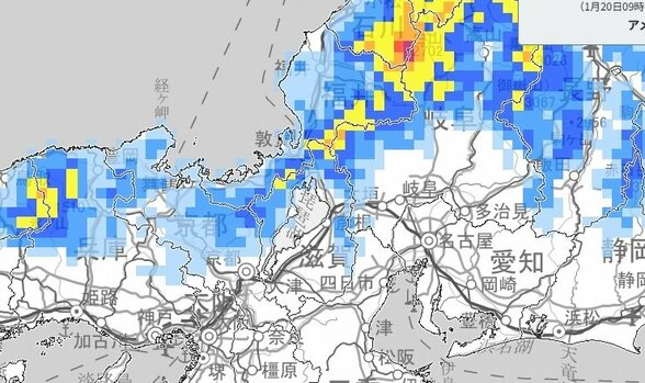 【大雪情報】近畿地方　22日朝まで多い所で50センチの降雪か　さらに23日朝までの24時間に50センチの降雪予想　21日昼過ぎから22日にかけて短時間に降雪が強まり大雪になる見込み【雪と雨のシミュレーション】　|　富山のニュース｜天気・防災｜チューリップテレビ