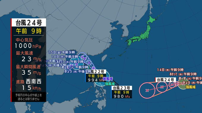【台風情報】「クアドラプル台風」4つの台風発生か　南海上の22号（インシン）・23号（トラジー）・24号（マンニィ）に続き新たな台風が11日夜までに発生予想　4つ同時に存在すれば11月としては統計開始以来初　今後の動向に注意　tbc気象台|TBS NEWS DIG