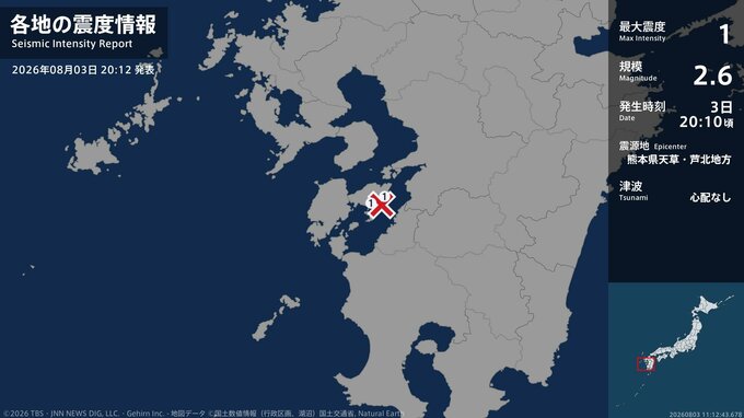 熊本県で最大震度1の地震　熊本県・上天草市、天草市|TBS NEWS DIG