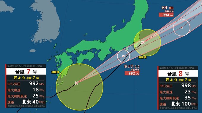 【ダブル台風情報】台風7号８号が接近　7号は夕方にも関東・東海に接近へ【1時間ごとの雨・風シミュレーション】気象庁進路予想|TBS NEWS DIG