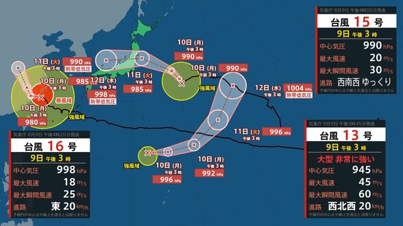 【トリプル台風】台風16号(ペイロー)発生、小笠原近海の熱帯低気圧が発達 最大風速20m、最大瞬間風速30mで南鳥島の近海へ進む見込み【雨と風のシミュレーション】 | 富山のニュース|天気・防災|チューリップテレビ