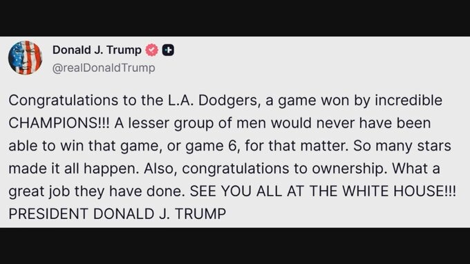 トランプ大統領もドジャースのワールドシリーズ連覇を祝福「おめでとう素晴らしいチャンピオンたち」|TBS NEWS DIG