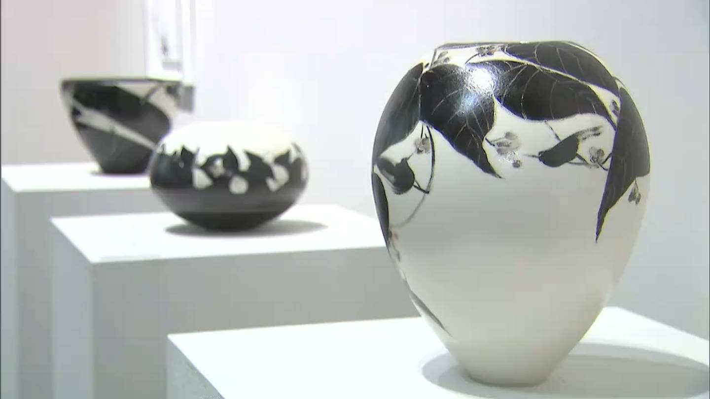 白い陶器に黒一色で描かれた花や鳥 九谷焼をベースに独自の世界を