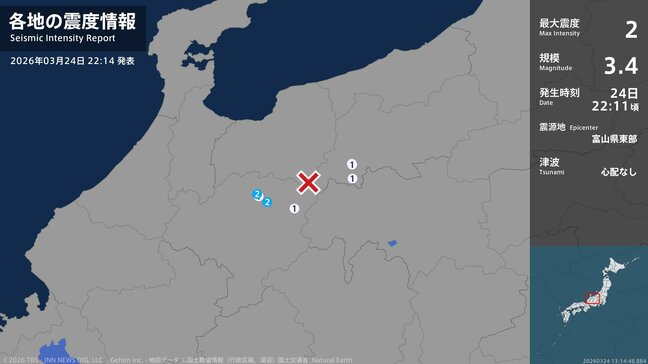 大町市と松川村で震度1を観測　岐阜県で最大震度2の地震　震源は富山県東部　マグニチュードは3.4と推定　長野|TBS NEWS DIG