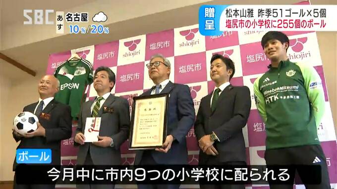 1ゴールにつき5個のサッカーボールを子どもたちに…NTPトヨタ信州が松本山雅の昨季51ゴール×５＝255個を塩尻市の9つの小学校にプレゼント　|　SBC NEWS | 長野のニュース | SBC信越放送