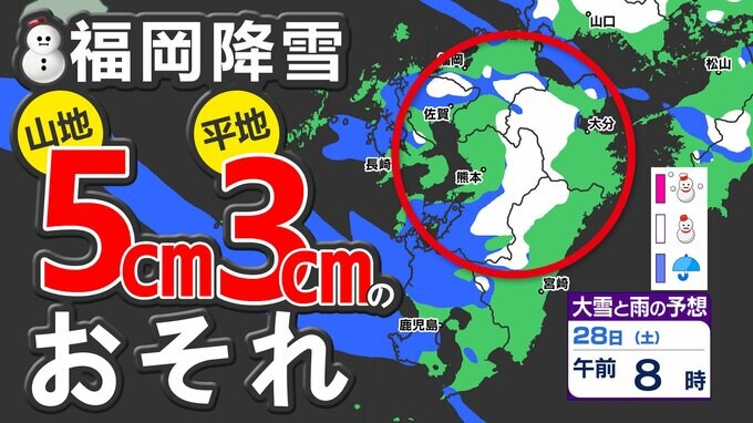 【大雪に関する気象情報】福岡県平地は３ｃｍ予想に増える【福岡・佐賀・長崎・大分・熊本 多い所５ｃｍ降雪】雨と雪のシミュレーション|TBS NEWS DIG