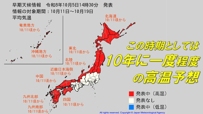 11日ごろ～「この時期としては10年に1度程度の高温」予想　北海道、東北、北陸、近畿日本海側、中国、四国、九州、奄美、沖縄に早期天候情報発表　各地の気温予報を画像で　気象庁　|　山形のニュース│TUYテレビユー山形