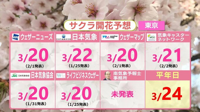 【2024桜開花予想】６つの民間気象会社予想を比較　全国で “最も早い” 最多は福岡の４社　東京・高知・広島１社ずつ　北日本の予想はバラツキ大きく　札幌は４月中に開花か|TBS NEWS DIG