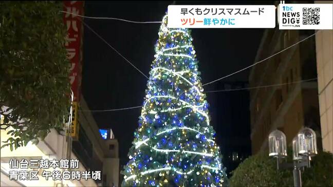 仙台三越の本館前に高さ7メートルのクリスマスツリー初設置　5800個のLEDが25日まで毎日点灯|TBS NEWS DIG
